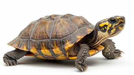 Obraz premium A vibrant yellow and black turtle with intricate patterns on its shell faces left. Detailed views reveal textures on both front and back, creating a captivating look in rich colors
