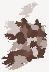 Map of Ireland with regions. Just a simple country border map with region division. Brown color palette. Flat Ireland shape with administrative division. Vector illustration.