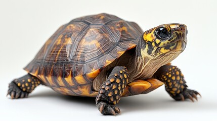 Obraz premium A captivating close-up of a tortoise, its head angled left as it faces right, showcasing intricate details on both the shell and underbelly in rich natural tones