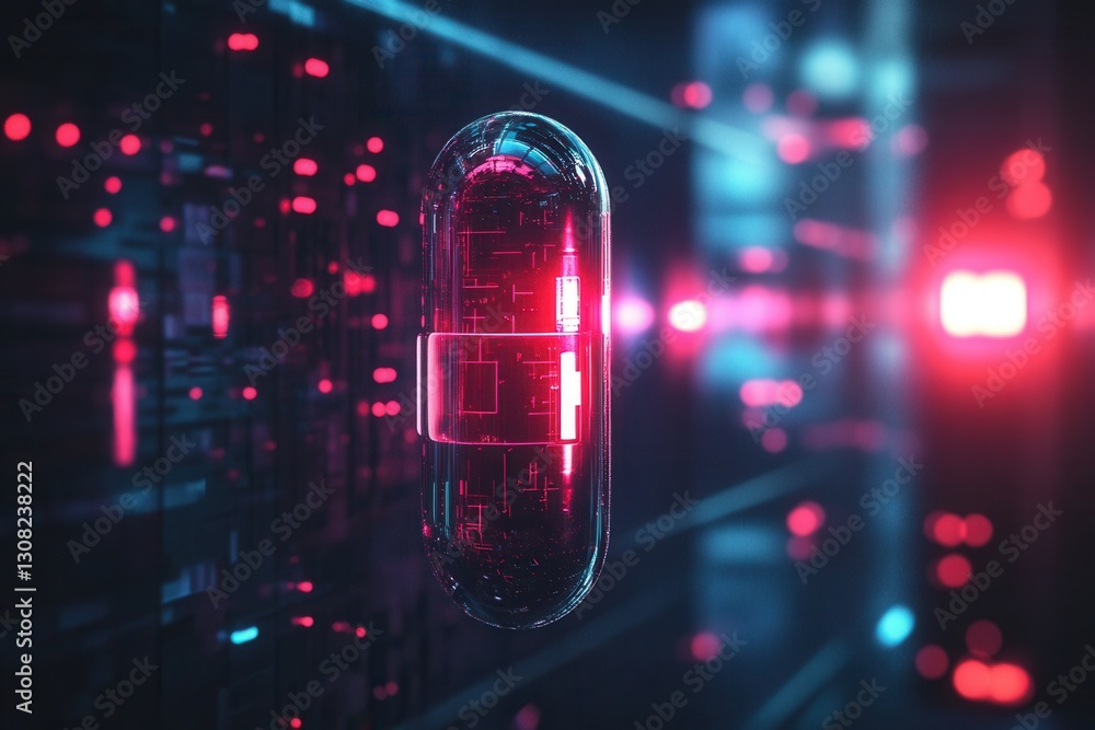 Aufkleber Floating cyberpunk pill in a dark void with neon lighting and futuristic aesthetics Generative AI