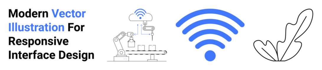 Robotic arm in industrial design with wireless signal representation and minimalist leaf icon. Ideal for technology, automation, connectivity, IoT, digital transformation, innovation, flat landing