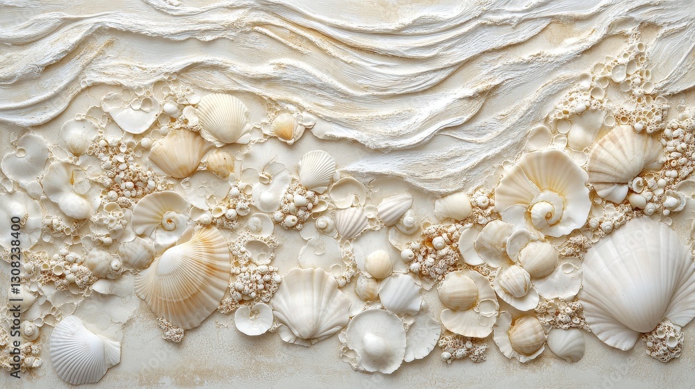 Aufkleber the image showcases a textured wall adorned with an array of beautifully arranged seashells, varying