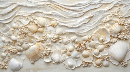 The image showcases a textured wall adorned with an array of beautifully arranged seashells, varying in size and color, creating a coastal-inspired aesthetic that evokes a beachy vibe.