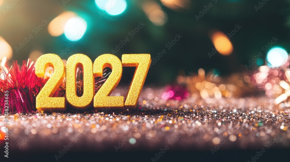 Poster sparkling golden numbers representing 2027 rest on a shiny surface adorned with festive decorations 