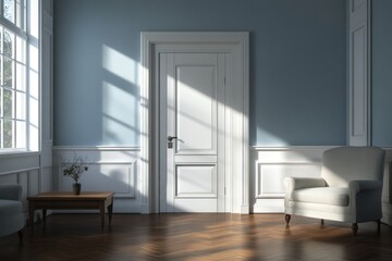 Fototapeta premium Light streaming into a classic, elegant interior with a white door and light-colored furniture.