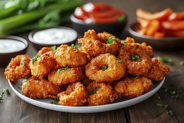 Fototapeta premium Delicious crispy onion rings with ketchup and ranch perfect snack for your restaurant menu