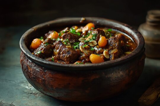 Rich moroccan tagine with slow cooked lamb, apricots, and saffron in a traditional clay dish