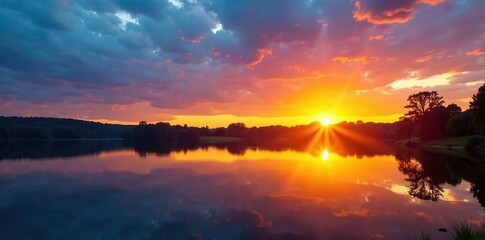 Brilliant blue hour sky, vibrant yellow sunset reflecting on calm Lake Fayetteville , scenic, water, outdoor