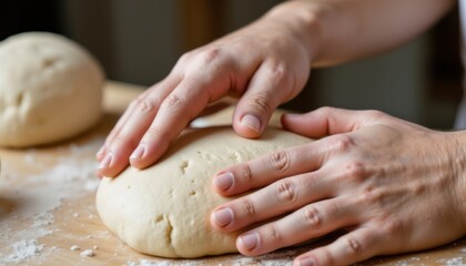 The baker's strong hands deftly work the dough, folding and pressing with practiced precision to create the perfect texture for their homemade bread.