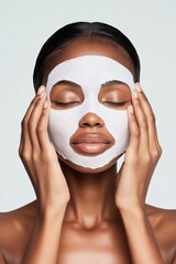 Serene Skincare Ritual: A young woman of color, her eyes closed in peaceful relaxation, applies a facial mask, reflecting a moment of self-care and beauty.