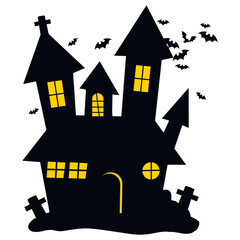 Halloween Haunted House Silhouette Isolated on White Background.