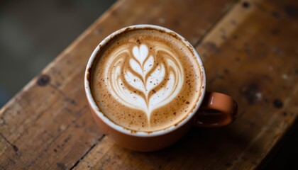 A ceramic cup filled with a freshly made cappuccino adorned with a swirl of frothy milk and a sprinkle of cocoa powder sits elegantly on a rustic wooden table