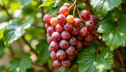 The fresh, ripe grape bunches glisten in the sunlight, nestled on vibrant green leaves, promising a taste of nature's sweet and healthy dessert.