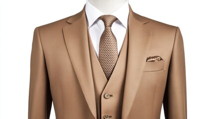 Tan three-piece suit, mannequin, studio shot, clothing catalog