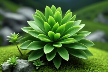 a close up of a plant on a moss covered rock