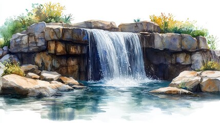 Fototapeta premium Waterfall Cascading Down Rocky Terrain In Watercolor Style