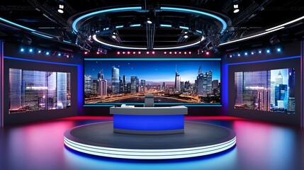 Modern Broadcast Studio: Captivating viewers with the sleek design of a modern broadcast studio. High-tech elements and advanced features in a professional environment.