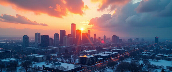 Fototapeta premium Sunrise clouds over downtown Calgary in the winter, with a focus on depth and mood. Create a vibrant, dreamlike atmosphere with soft, golden lighting. Style is photorealistic, high quality, with pro