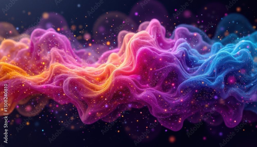 Poster the image depicts a stunning display of multicolored vibrant abstract cloud of particles in space