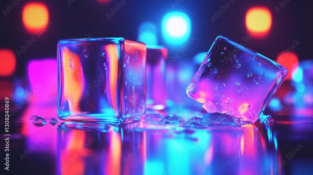 Poster brightly colored ice cubes rest on a shiny surface, illuminated by vivid neon lights creating an ene