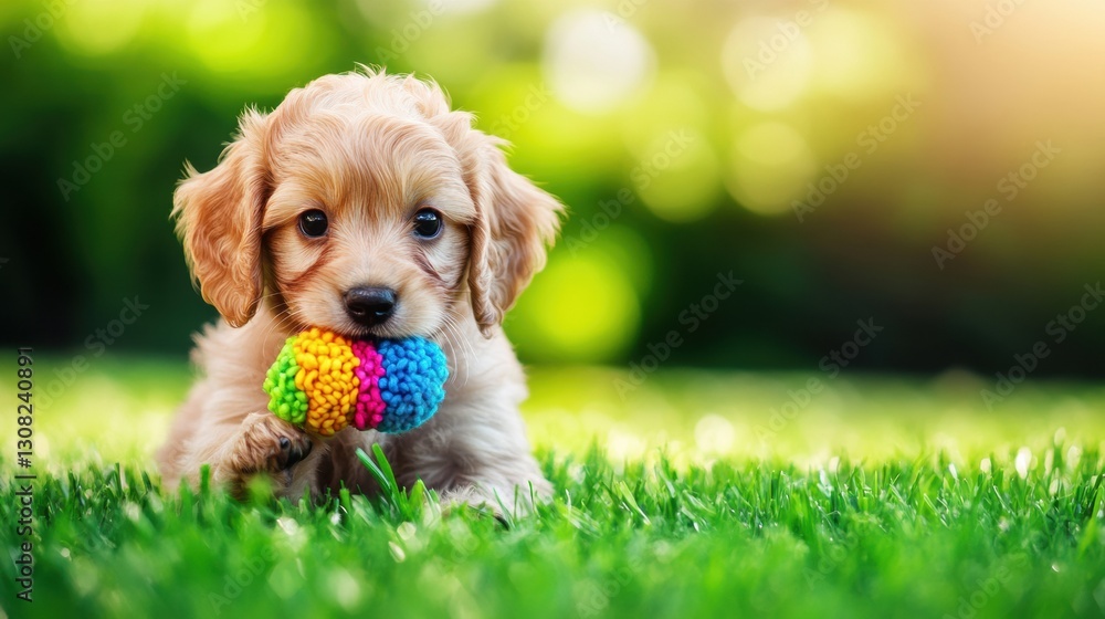 Aufkleber playful puppy enjoys a colorful chew toy on lush green grass in soft natural light generative ai