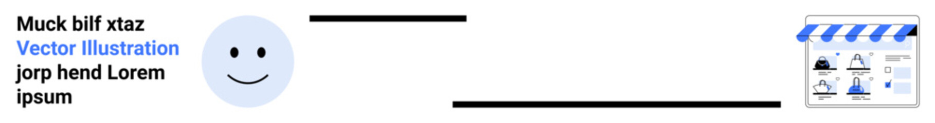 Fototapeta premium Smiling face next to text and blue Vector illustration link, followed by additional text and small business storefront icon with blue roof. Ideal for web design, e-commerce, branding, marketing, user