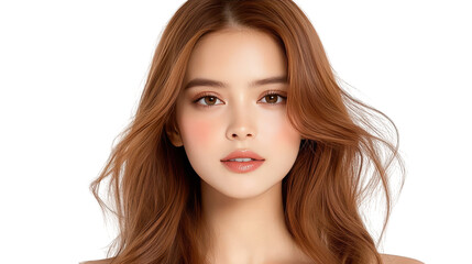 Fototapeta premium Striking portrait, woman with long brown hair against a dramatic black background