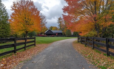 Fototapeta premium Autumn pathway adorned with colorful maple trees and wooden fences on equestrian farm grounds