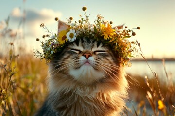 Golden hour in sunset. Vacation time happiness. Cute baby cat siberian wearing untamed flower crown...