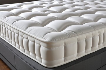 Obraz premium a close up of a mattress with a white cover on a wooden floor