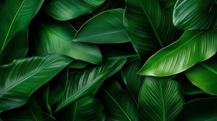 Lush jungle leaves overlapping in deep green tones, tropical abstract texture