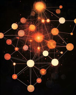 An abstract illustration of interconnected nodes and glowing orbs on a dark background, symbolizing networks and connections.