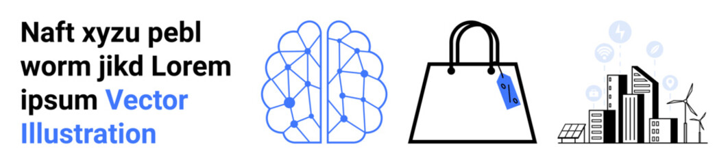Neural connections, shopping bag, sustainable city skyline with wind turbines and solar panels. Ideal for AI, e-commerce, sustainability, innovation, digital economy, business growth flat landing