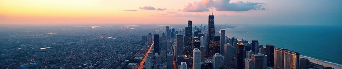 Fototapeta premium Breathtaking aerial view of Chicago's iconic skyline, landscape, downtown, aerial