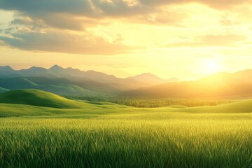 Golden hour sunset over lush green valley and hills in China with cinematic warm sky tones
