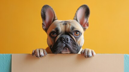 Cute Brown and Tan French Bulldog Peeking Over a Tan Sign Against an Orange Background