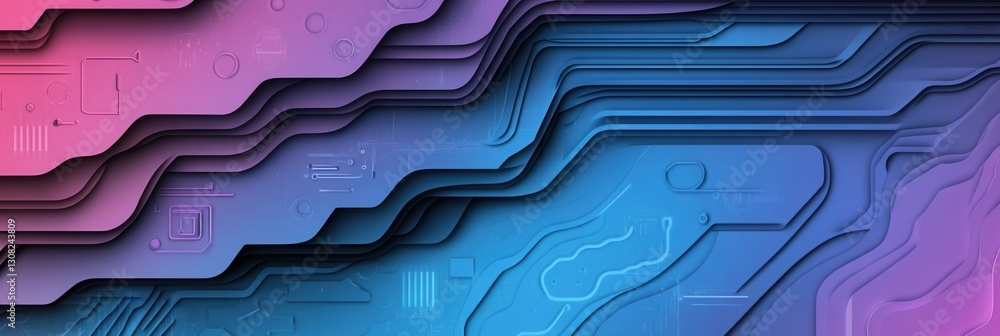 Poster Futuristic paper art background with abstract layered cut outs representing digital circuits and data flows in cool tones Generative AI
