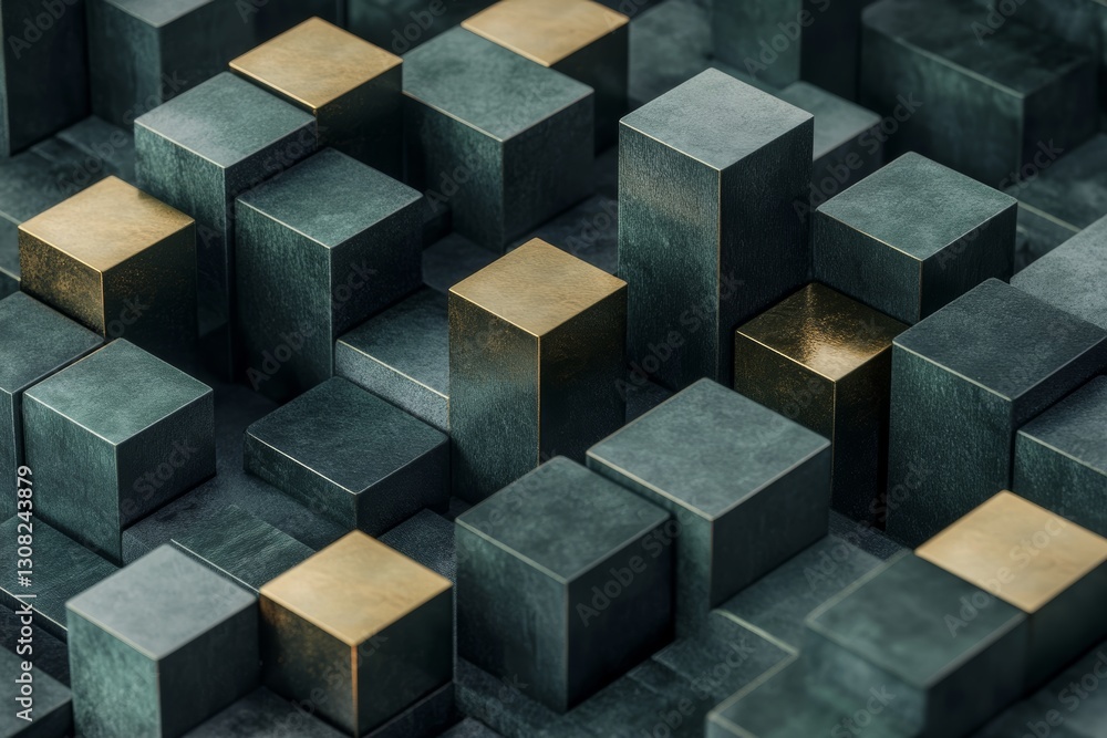 Poster isometric view of an abstract cube composed of shapes with green and bronze accents on dark gray