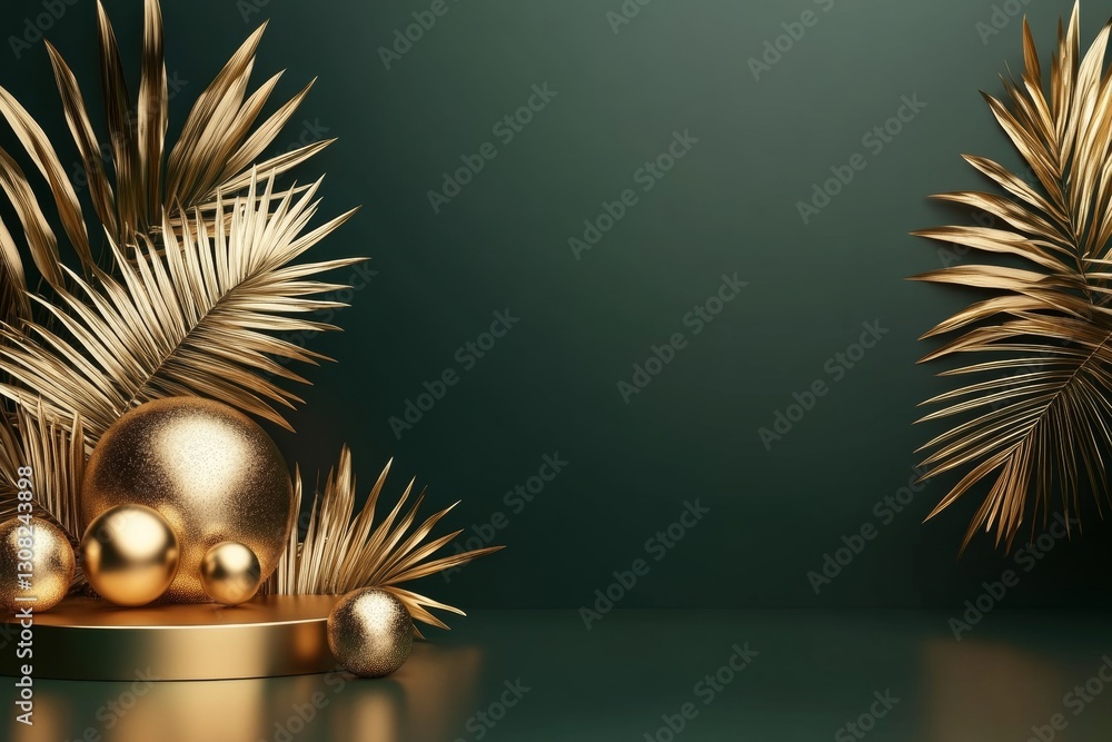 Aufkleber 3d render of a golden abstract geometric background featuring palm leaves and display platform