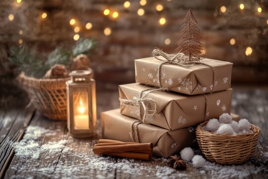 Charming christmas scene with rustic gifts, cozy lanterns, and winter touches for a festive ambiance
