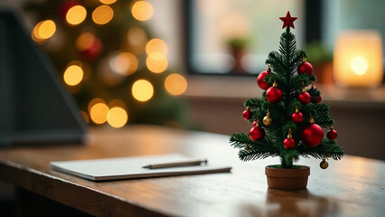 A cheerful, detailed AI photo of a miniature Christmas tree adorned with red ornaments, placed on a wooden desk.  The desk also features a notepad and pen, creating a festive home office atmosphere. H