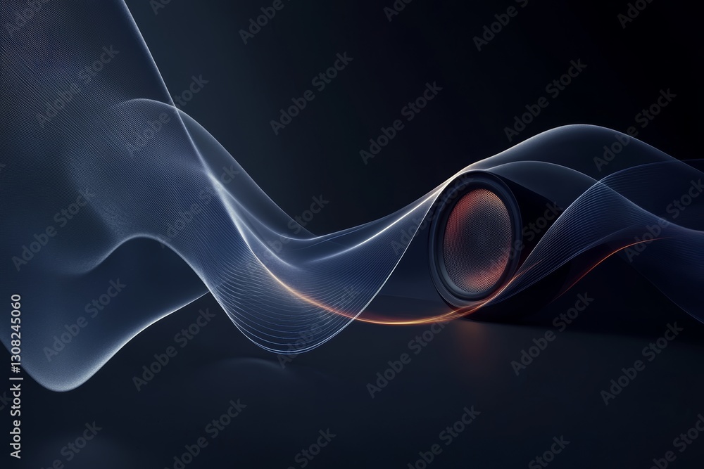 Poster minimalist audio speaker composition with glowing sound waves on a dark gradient background