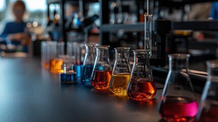 Colorful Row of Glass Beakers Filled with Vibrant Liquid Experiments