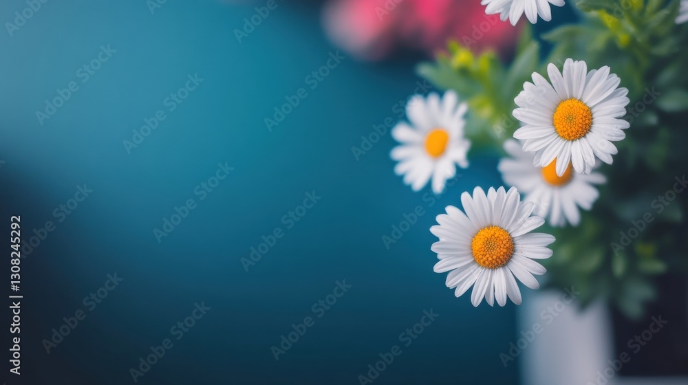 Poster a cluster of white daisies with yellow centers is displayed in a pot, adding freshness to a softly c