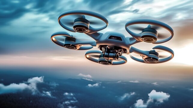 Skyborne Tech: A high-tech drone soars through a vibrant, cloud-filled sky, its propellers spinning, capturing the cutting-edge technology and aerial possibilities. - Powered by Adobe