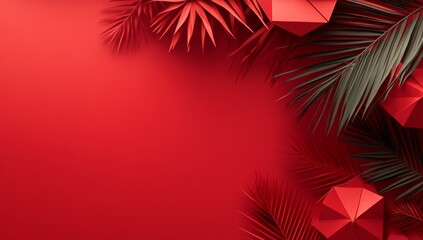 Celebrating chinese new year with geometric paper cutouts and palm leaves on a bold red background