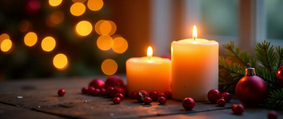 Warm glowing candles create a cozy atmosphere with festive bokeh lights in the background.  Focus on depth, mood, lighting, and atmosphere.  Style should be professional quality.  Add elements of fest