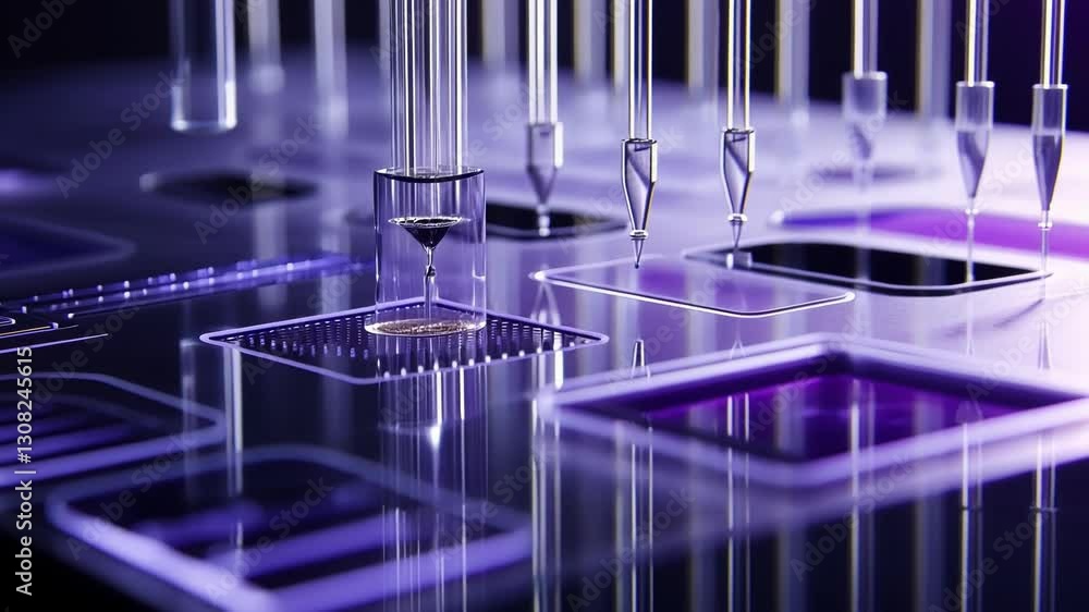Poster a detailed image focusing on a microfluidic chip designed for proteomic analysis capturing the intri