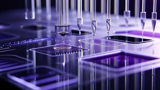 A detailed image focusing on a microfluidic chip designed for proteomic analysis capturing the intricate network of channels and chambers etched on a reflective surface with fluorescently