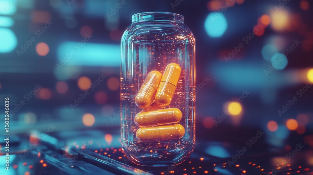 Poster futuristic transparent pill bottle with glowing capsules in a high tech cyberpunk environment showca